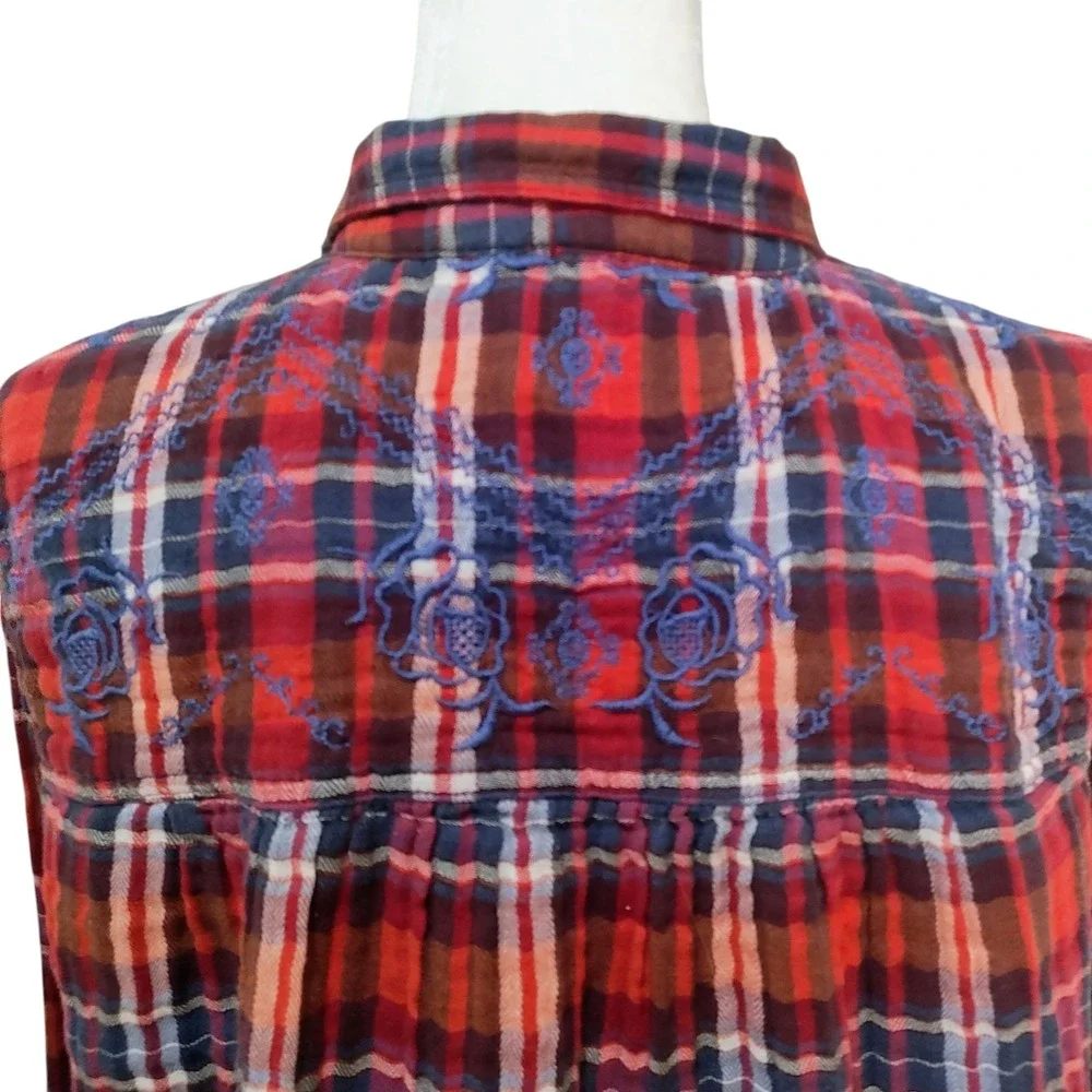 Free People Magical Plaid Button-Up Shirt Embroidered 4th of July‎ Patriotic S